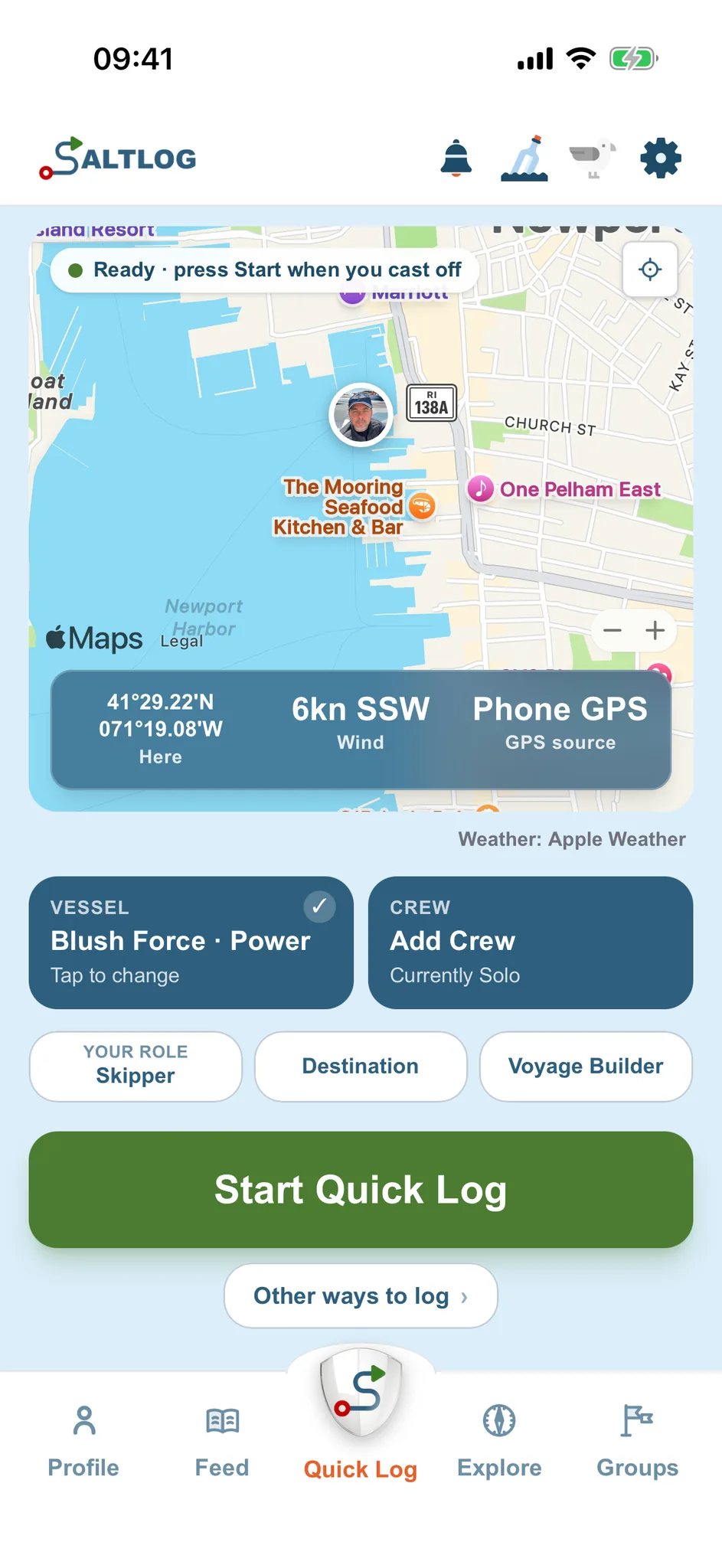 Quick Log ready to start in Newport, Rhode Island, with the map, the wind, the vessel and the crew