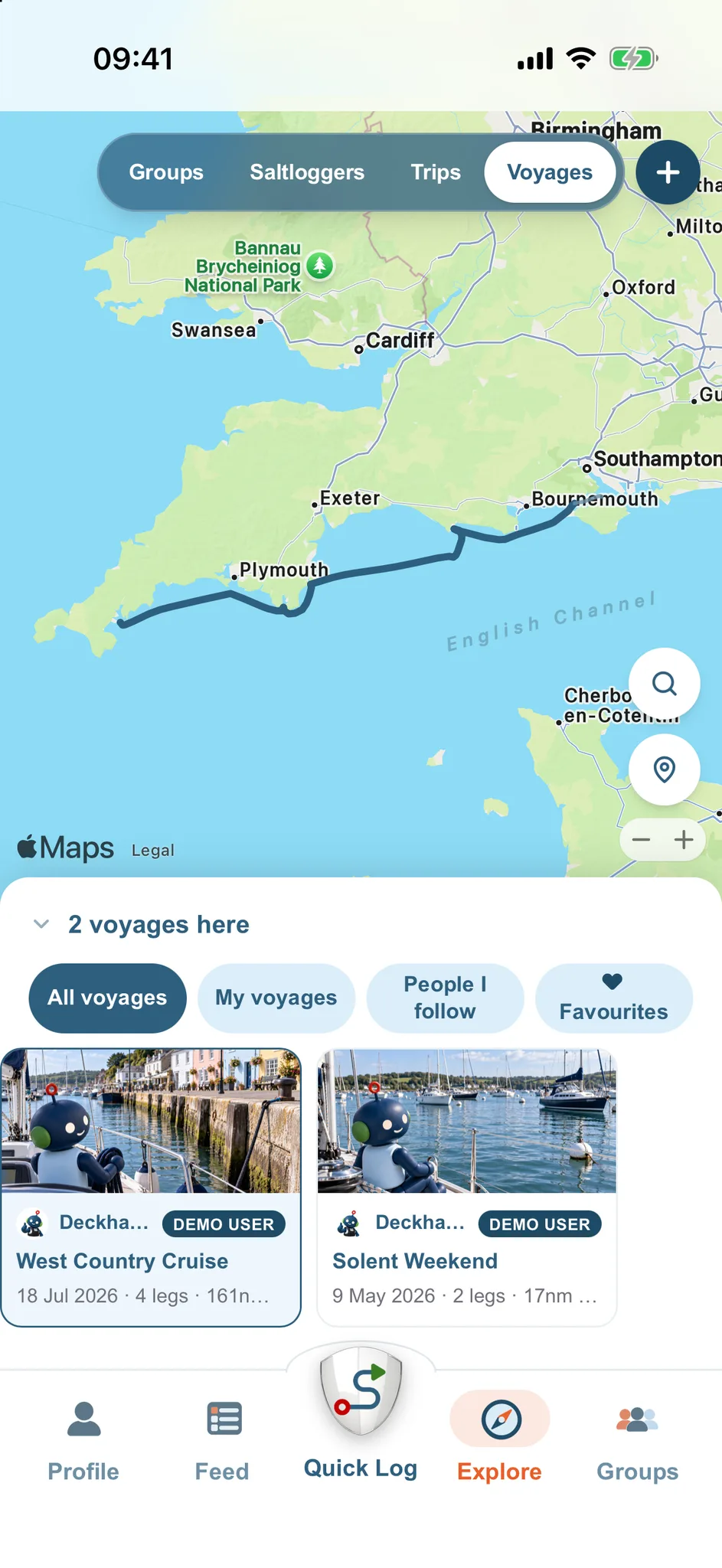 A four-leg voyage drawn along the Dorset and Devon coast, with the voyages logged there listed below
