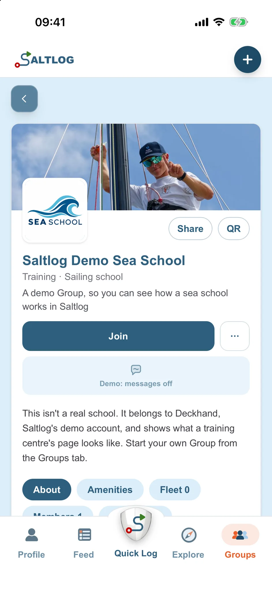 A training school's Group page with chat, members and fleet