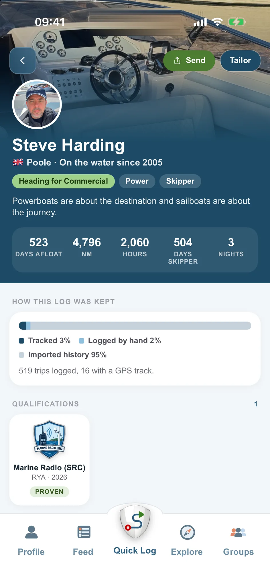 A sailing résumé built from the logbook, with Send and Tailor